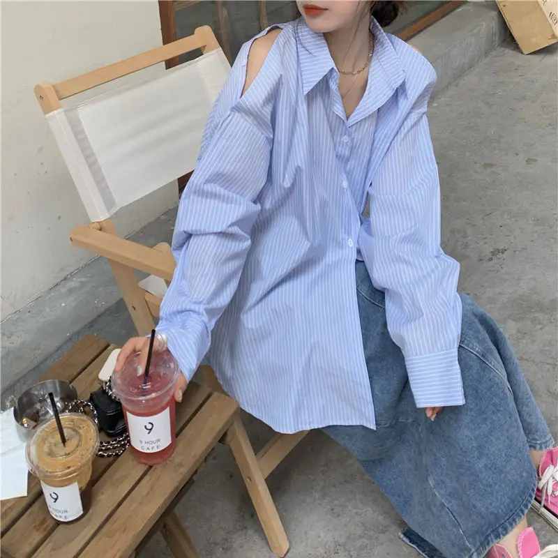 Blue Striped Shirt for Women Korean Style Oversized Blouse Vintage Off Shoulder Long Sleeve Top Female Button Up Harajuku