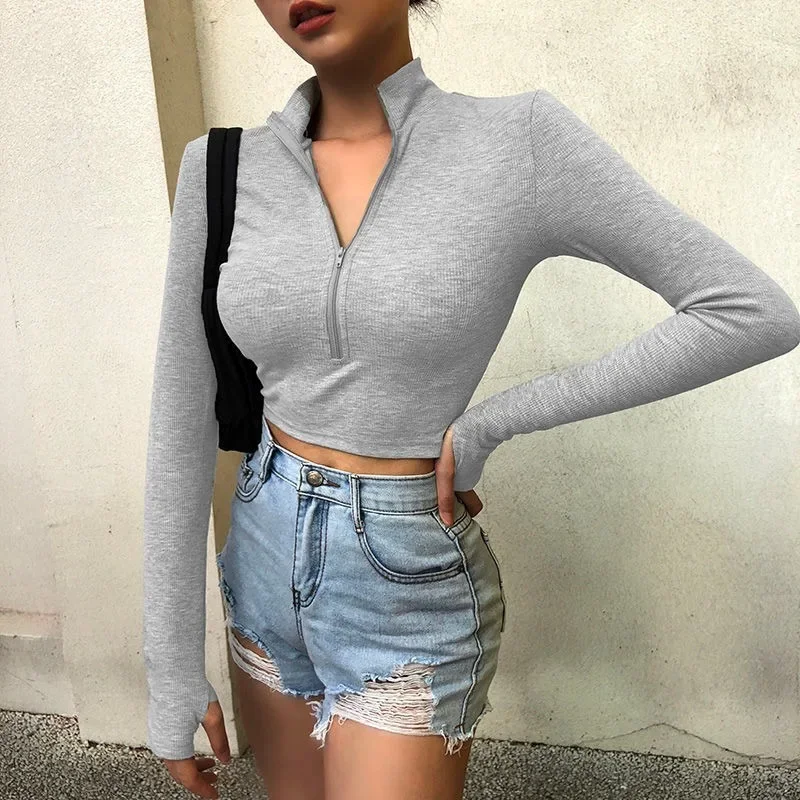 

American High Street Fashion Zipper Design T-shirt New Simple Solid Color Long Sleeve T Shirts Women's Short Slim Sexy Base Tops