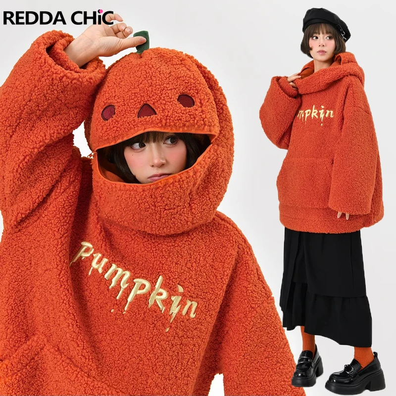 

ReddaChic Funny Halloween Pumpkin Sweatshirt for Men Women Zip-up Hooded Hoodies Warm Fleece Long Sleeves Pullover Oversized Top