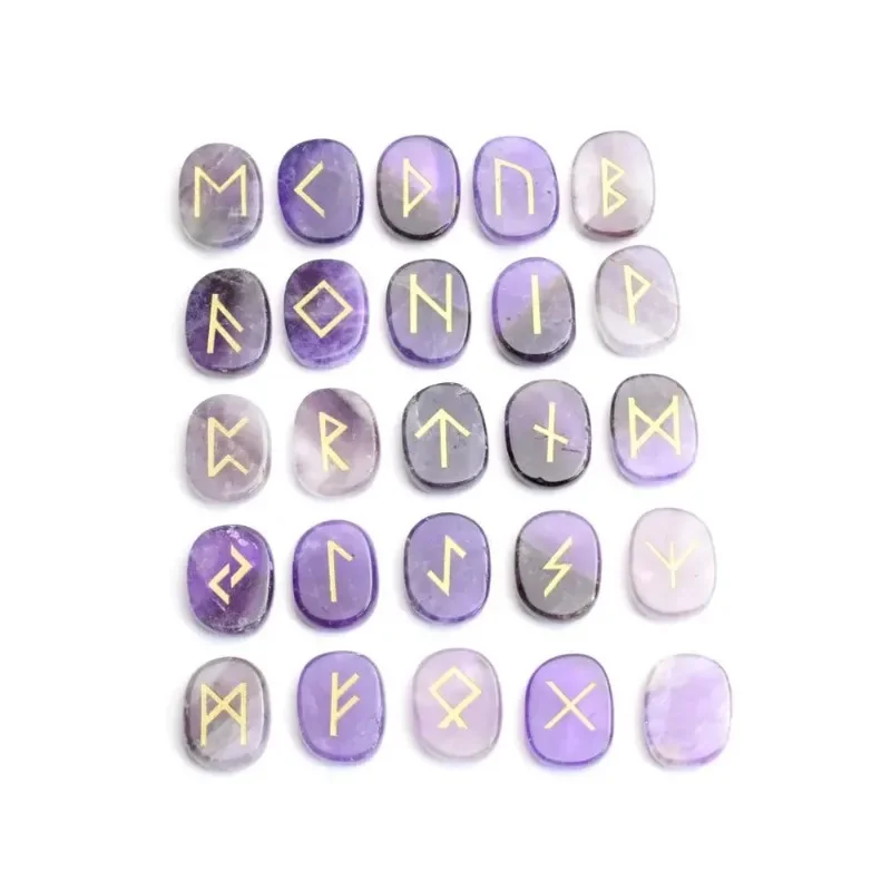 25pcs Natural Semi-precious Stone Ornaments Amethyst Quartz Lapis Crystal Reiki Healing Pagan Lettering Wiccan Rune Stones Set