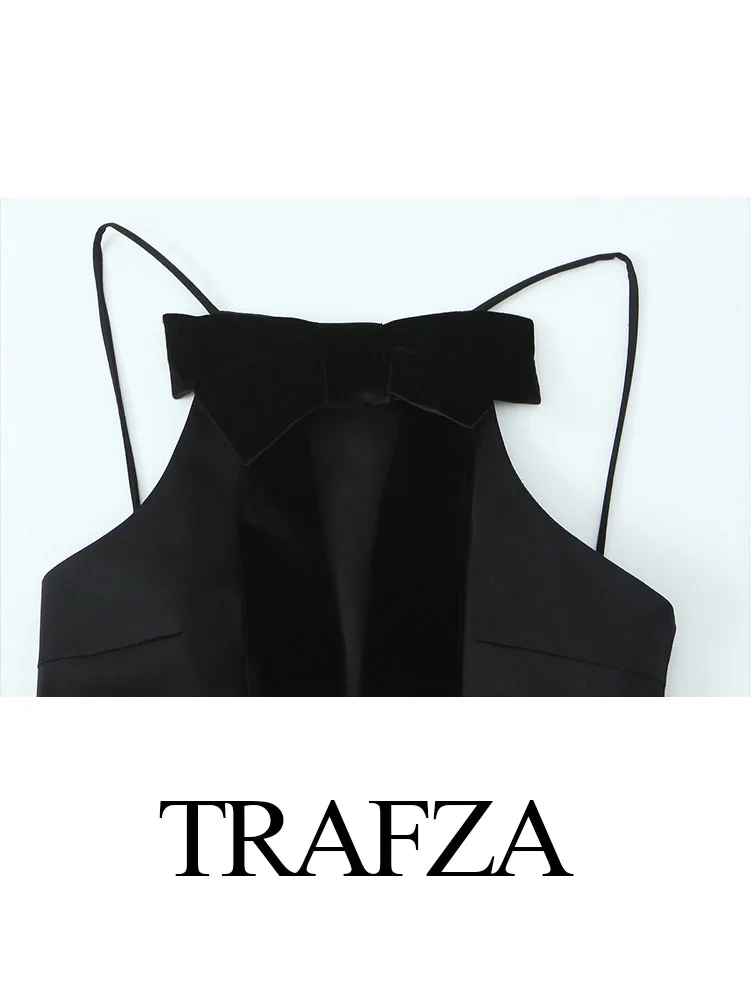 TRAFZA Summer Woman Solid Frills Slim Tank Tops Women Elegant 3D Bow Decorate Sexy Sleeveless Backless Back Zipper Short Top