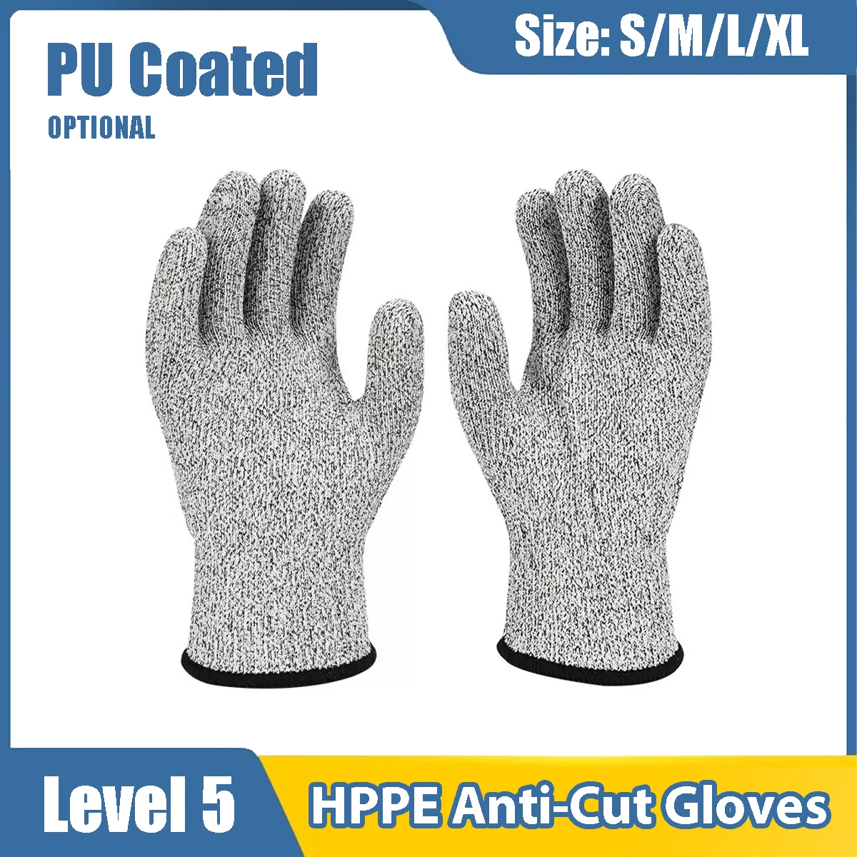 Level 5 HPPE Cut Resistant Gloves Anti-Cut Wear Resistant Safety Gloves for Industrial Kitchen Construction PU Coated Optional