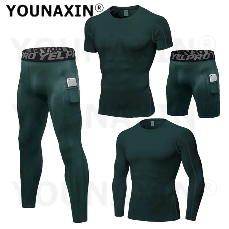 Dunkelgrüne Fitness-Sport-Shorts für Herren, Hose, Lauftraining, kurzärmelige Langarm-T-Shirts, schnell trocknend, S, M, L, XL, 2XL