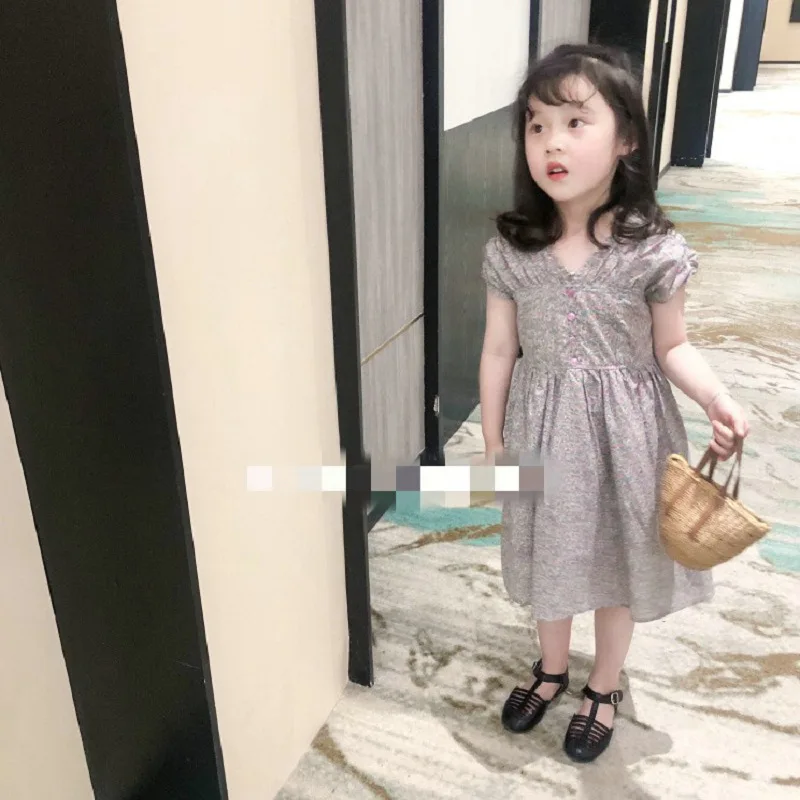 Girl Summer Sling Dress Outer Wear Elegant Children Clothing V-Neck Floral Single-Breasted Dress Charm Princess Evening Vestidos