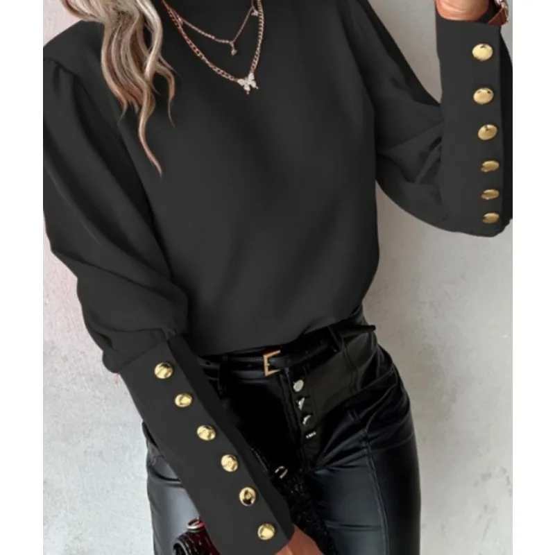 Spring and Autumn Long sleeved Solid Lace Round Neck Button Shirt for Women camisas de mujer