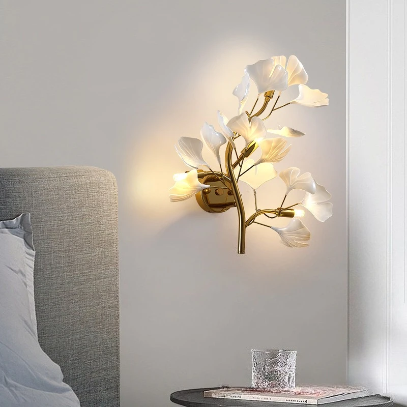 Nordic Ginkgo biloba Shade Wall Lamp LED Decor Sconce for TV Wall Flower leaf type frosted wall finished glass Sconce
