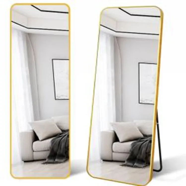 Gold, silver/black classic aluminum frame, square floor mirror against the wall