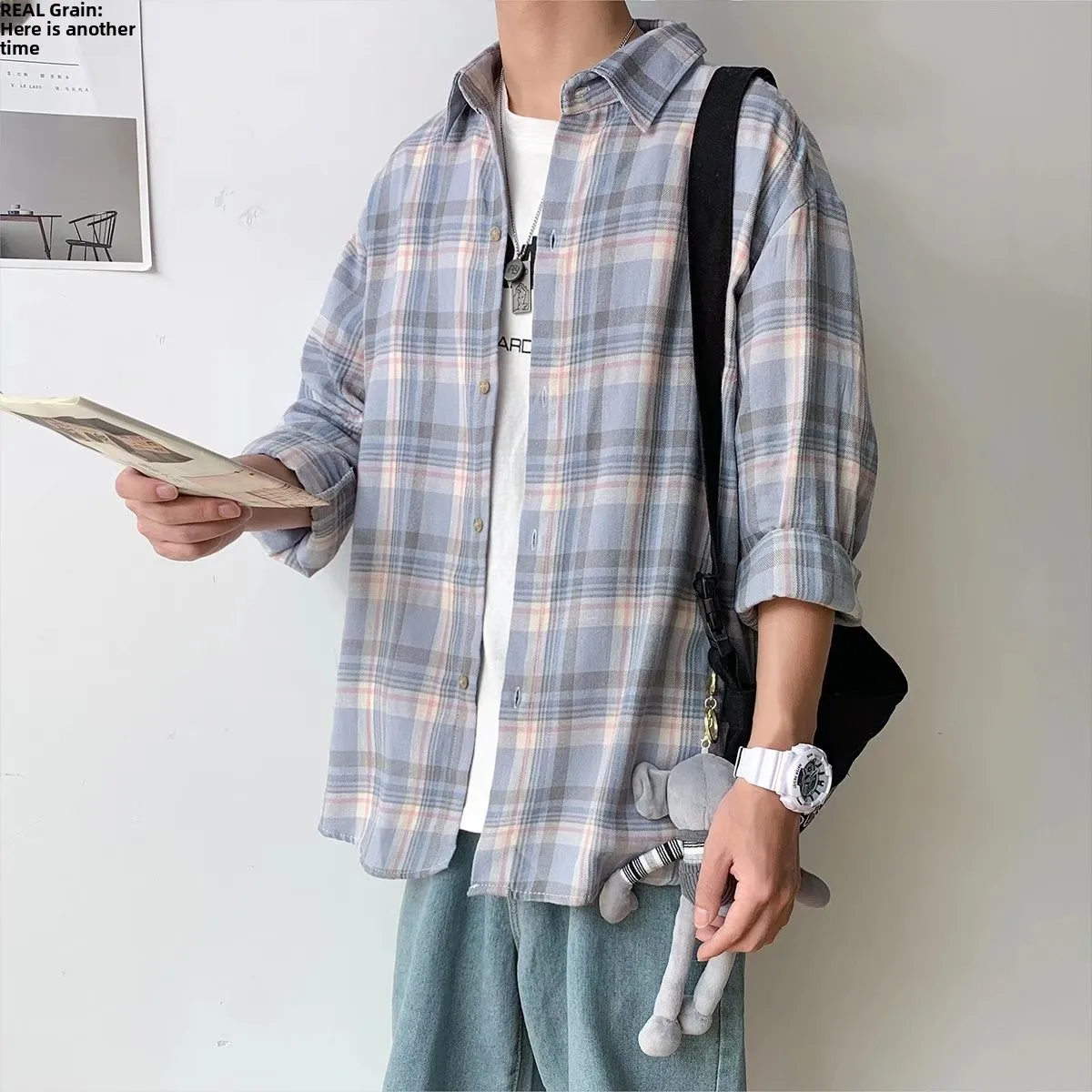 Casual Plaid Long Sleeve Men's Shirt Student Fashion Spring Autumn Outerwear Hong Kong Style INS Version Checkered Button up