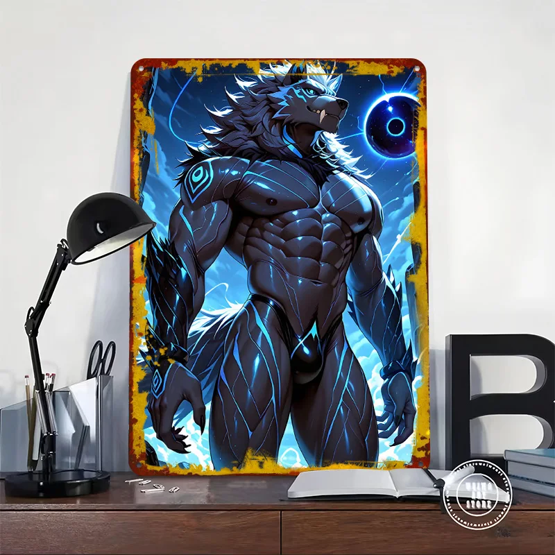 Muscular Wolf Anthro With Glowing Accents Tinplate Poster Customized Wall Art Vintage Retro Metal Signs for Home Decorations