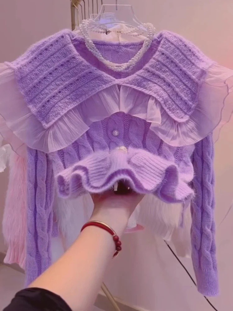 

Свободный кружевной кукольный воротник, фиолетовый вязаный свитер, женский модный осенне-зимний новый повседневный удобный теплый свитер