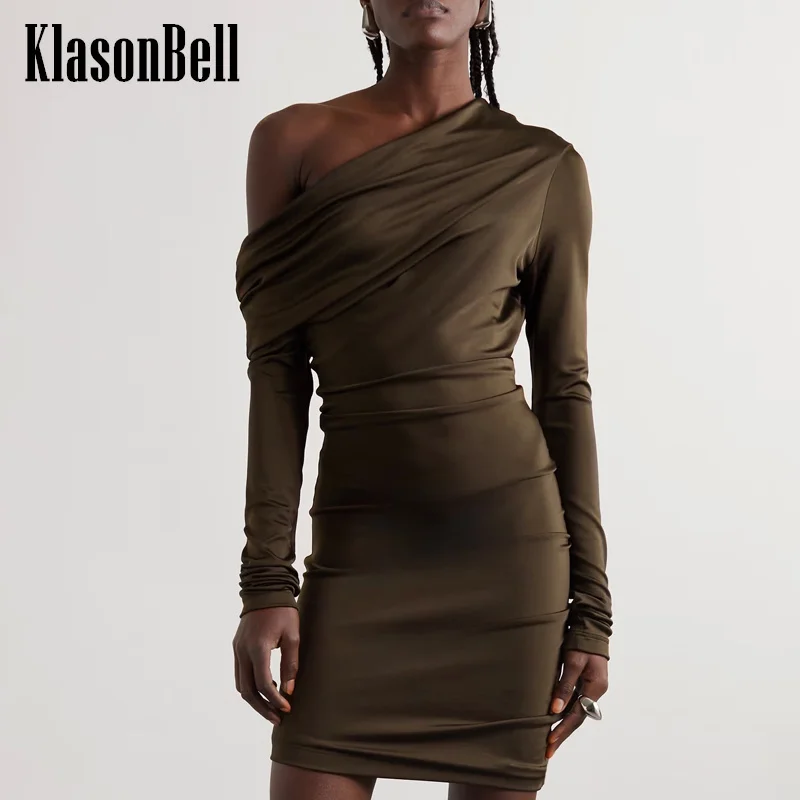 

7.30 KlasonBell Women Fashion Sexy Off-Shoulder Smooth Silky Party Dress Skew-Collar Long Sleeve Ruched Package Hip Mini Dress