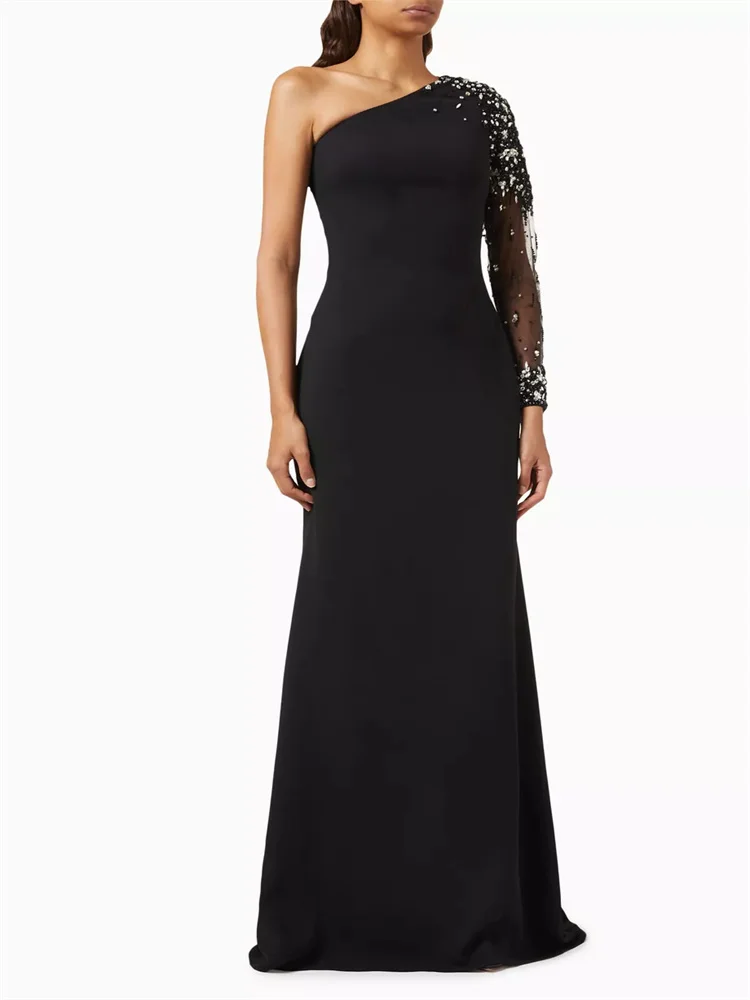 

Customized Gorgeous Beaded Slim Tulle Special Event Dress Asymmetrical Neck One-Shoulder Tulle Back Beaded Decorative Dress