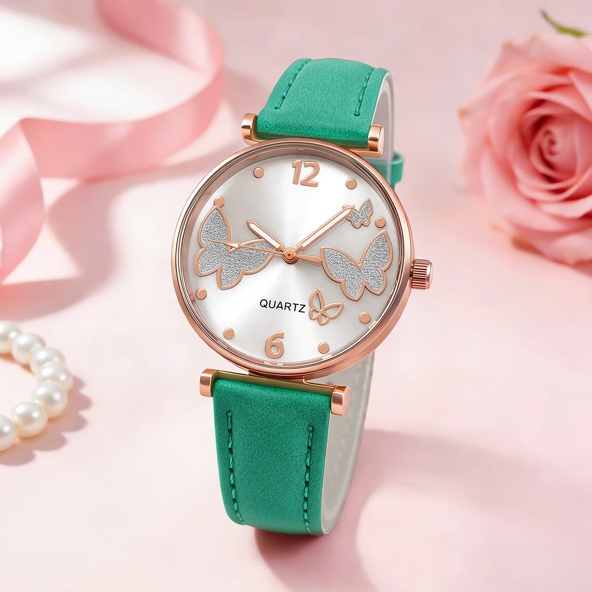 Women Dial Butterfly Rhinestone Quartz Watch Elegant Rose Gold Case Genuine Leather Strap Ladies Wristwatch