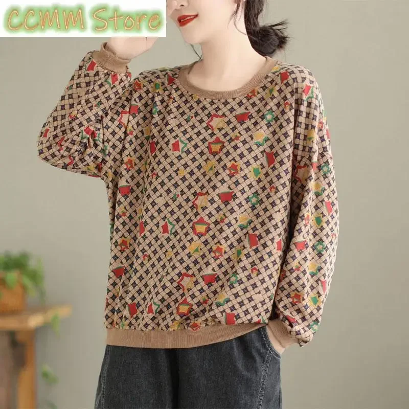 

Fashion Vintage Printed Plaid Sweatshirts Women's Clothing O-Neck Casual Spliced Spring Autumn Commute Korean Loose Pullovers