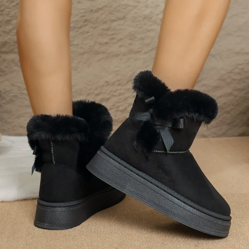 Women's Winter Snow Boots Thick Bottom Warm Furry Mouth Butterfly Knot Short Tube Boots Easy To Wear Large Size Rubber Sole
