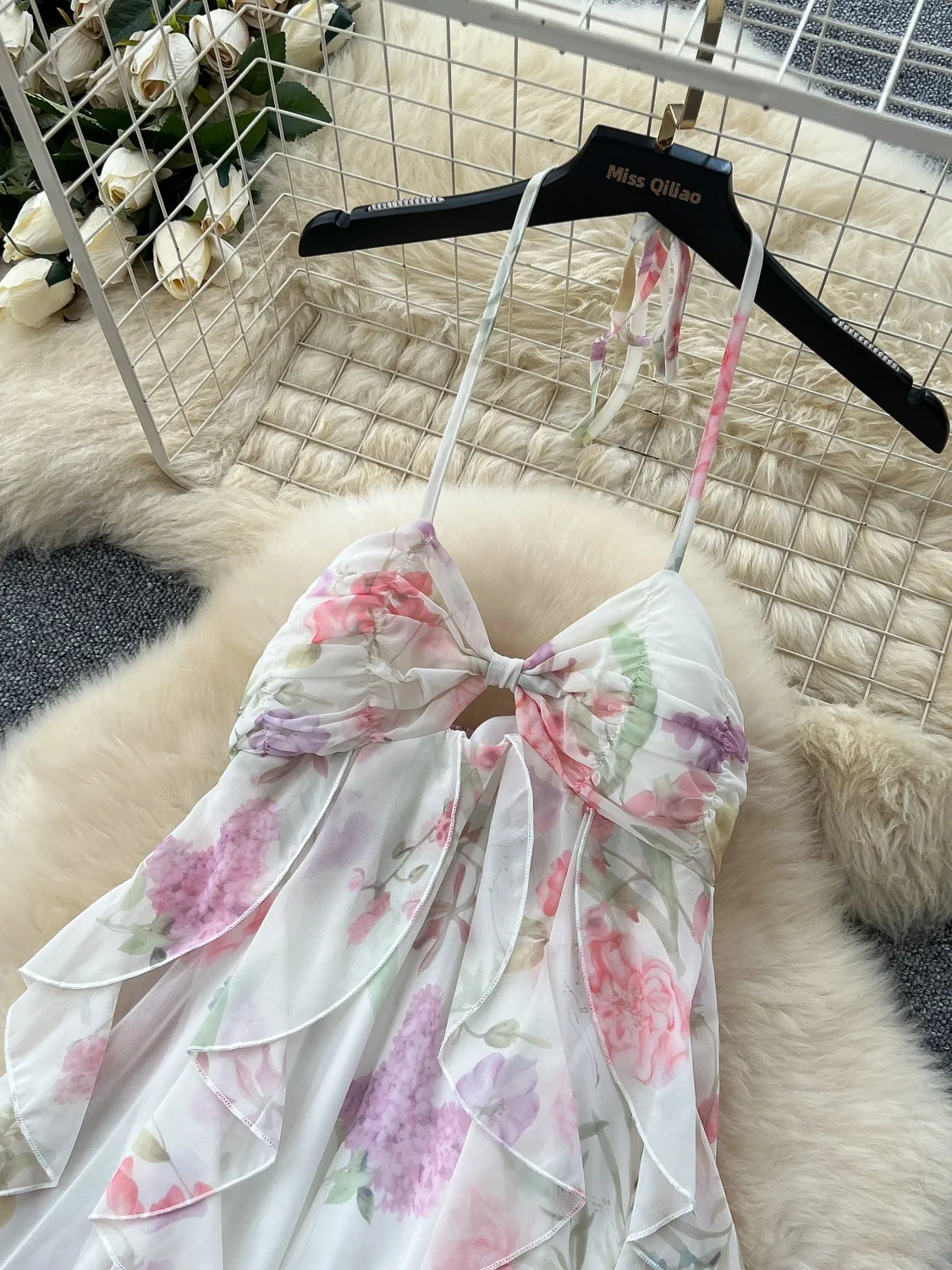 Romantisches Vaion Sle Blumendruck Maxi Dr Damen Sommerdesign Hängender Ne-Riemen Unregelmäßiger Saum A-Linie Dr