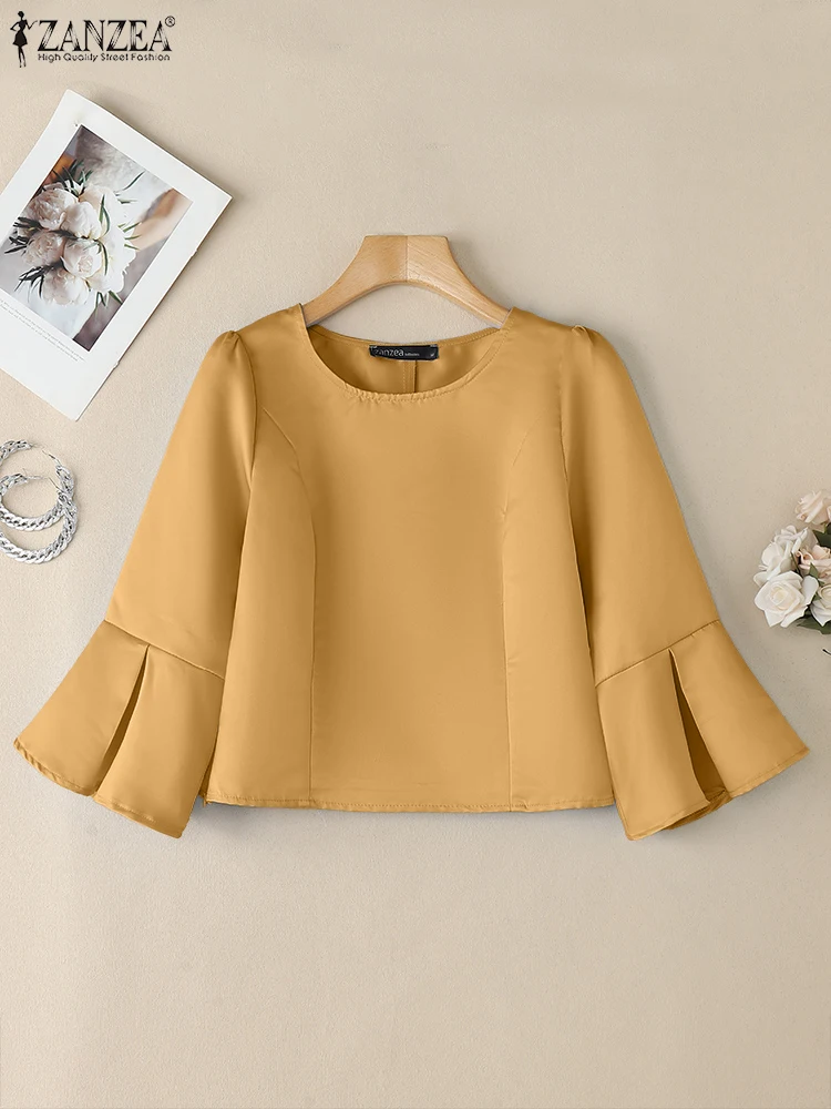 ZANZEA Moda Donna Top in raso lucido Slim-Fit Primavera Estate Manica svasata a 3/4 Blusas Mujer O-Collo Pendolarismo Camicette eleganti