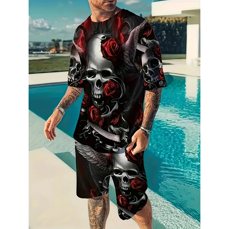

2025 Мужской комплект из 2 предметов с 3D принтом черепа и розы, модная и удобная футболка, шорты, спортивная футболка, комплект из 2 предметов
