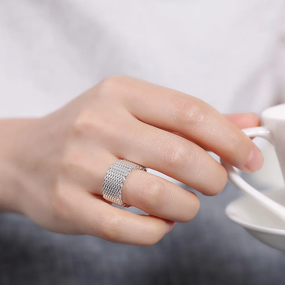 925 sterling Silver Simple Net Rings lady fine Jewelry for Women men Size 6 7 8 9 10 Fashion Vintage Wedding Girl gifts