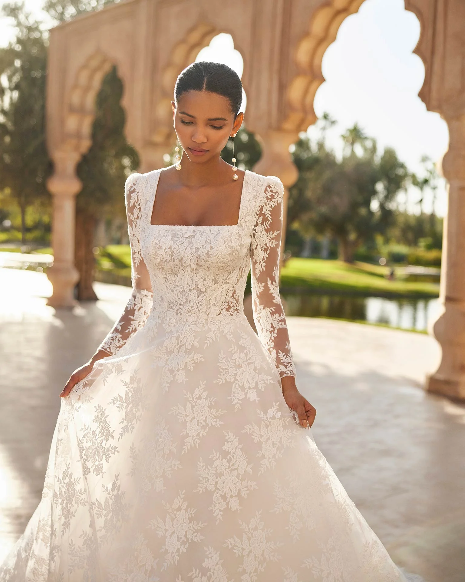 

The Latest Custom Lace Square Neck Long Sleeved Wedding Dress With Exposed Back And Trailing Design For Romantic Brides In 2025