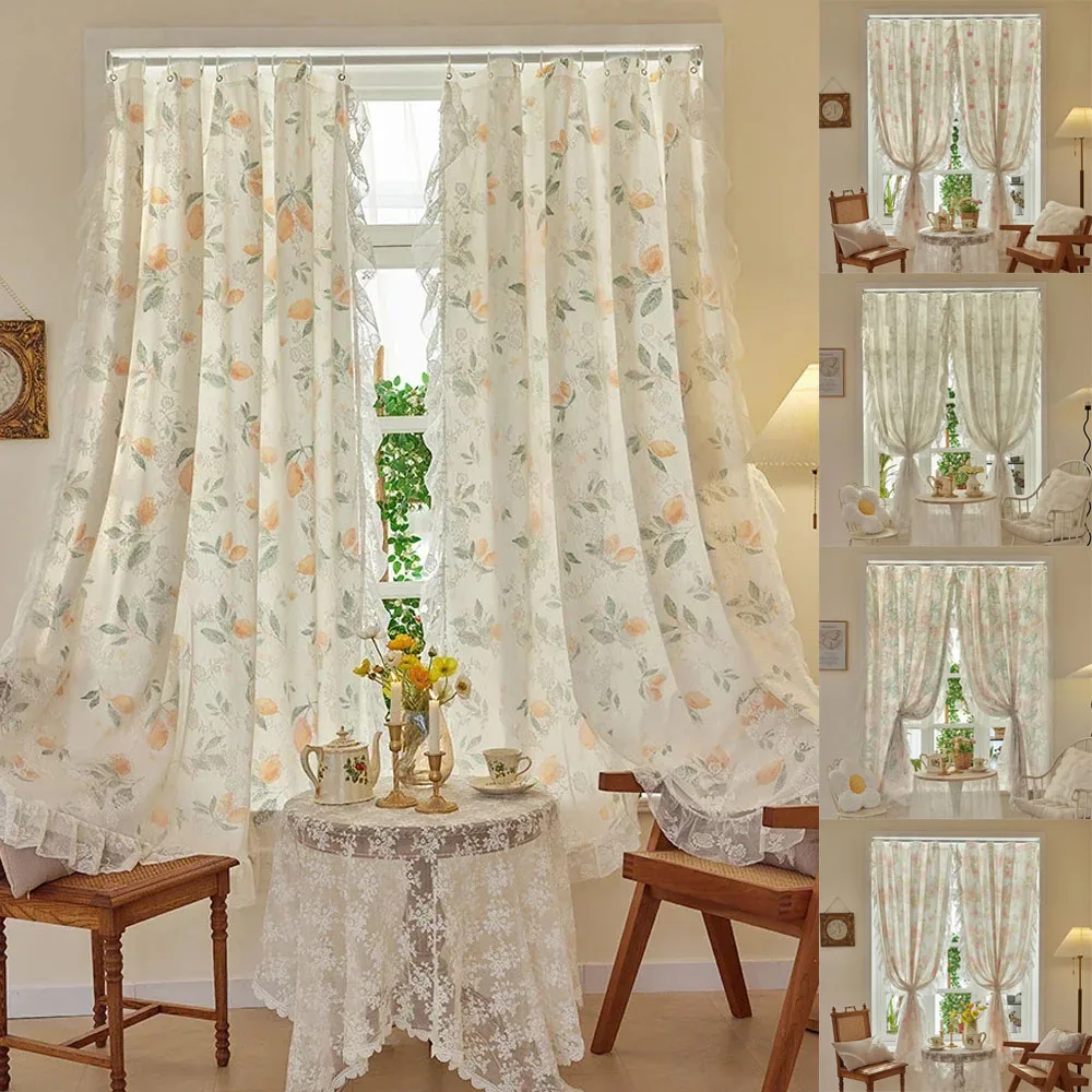 

1PC Lace Gauze Curtains French Window Vintage Lace Sheer Home Decor Luxury Curtain Pastoral Style Girl Clasp Curtain Multi Size