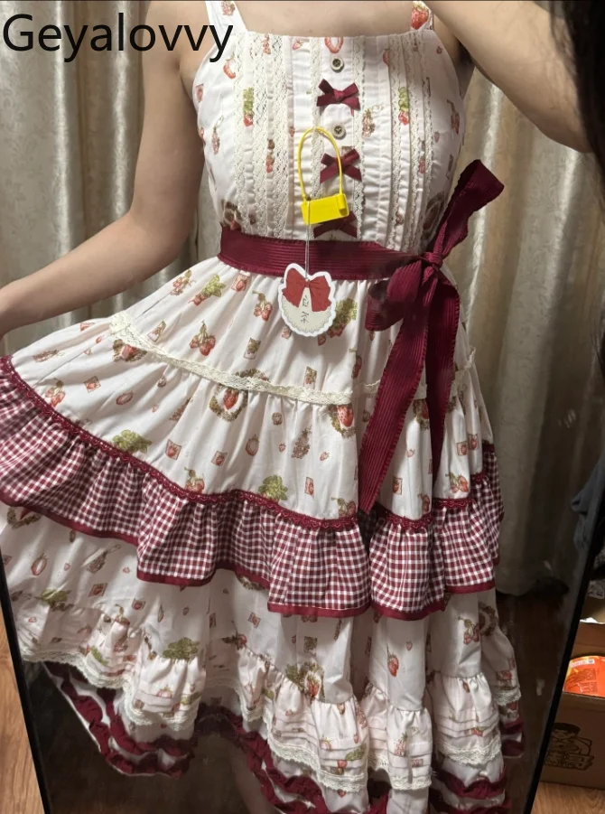 

Summer New Jsk Original Lolita Suspender Dress Japanese Sweet Girl Bow Print High Waist Slimming Sleeveless Long Dresses