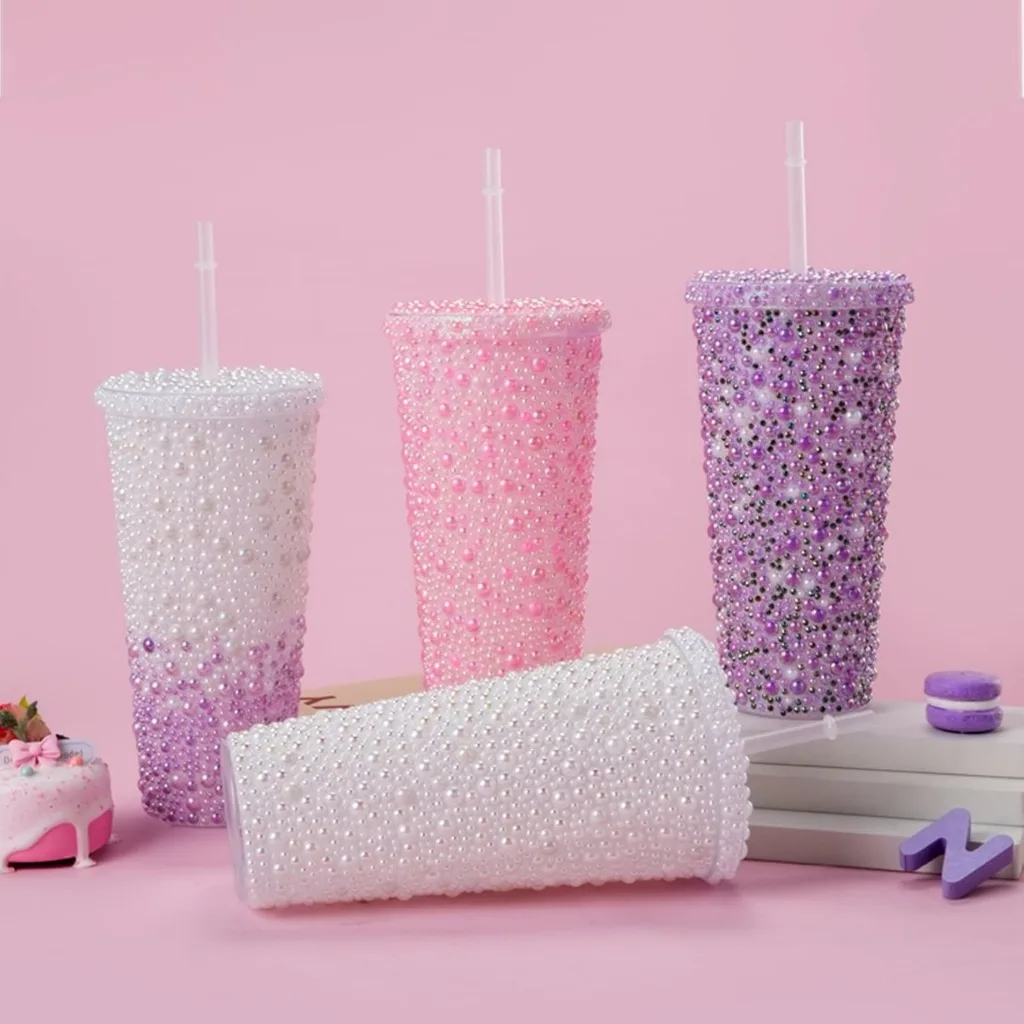 650ml/22OZ Bling Rhinestone Pearl Double Layer PS Plastic Insulated Cup with Straw Large Capacity Cold Drink Tumbler for Women