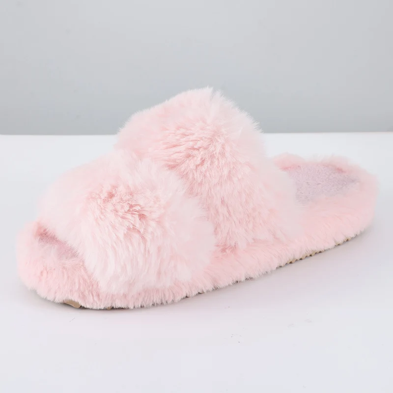 Eyriphy Short Plush Women Slippers Open Toe Bedroom Slides Warm Comfort Flat Slippers For Women Faux Fur Non-Slips Women Shoes