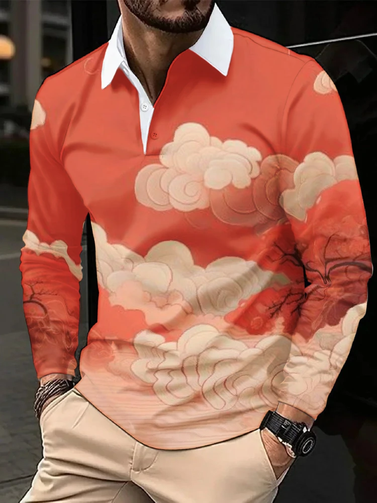 Vintage Cloud Printed Golf Tops Casual Loose Men's Long Sleeve Buttons Business Sports Tunics Oversized Autumn Shirts