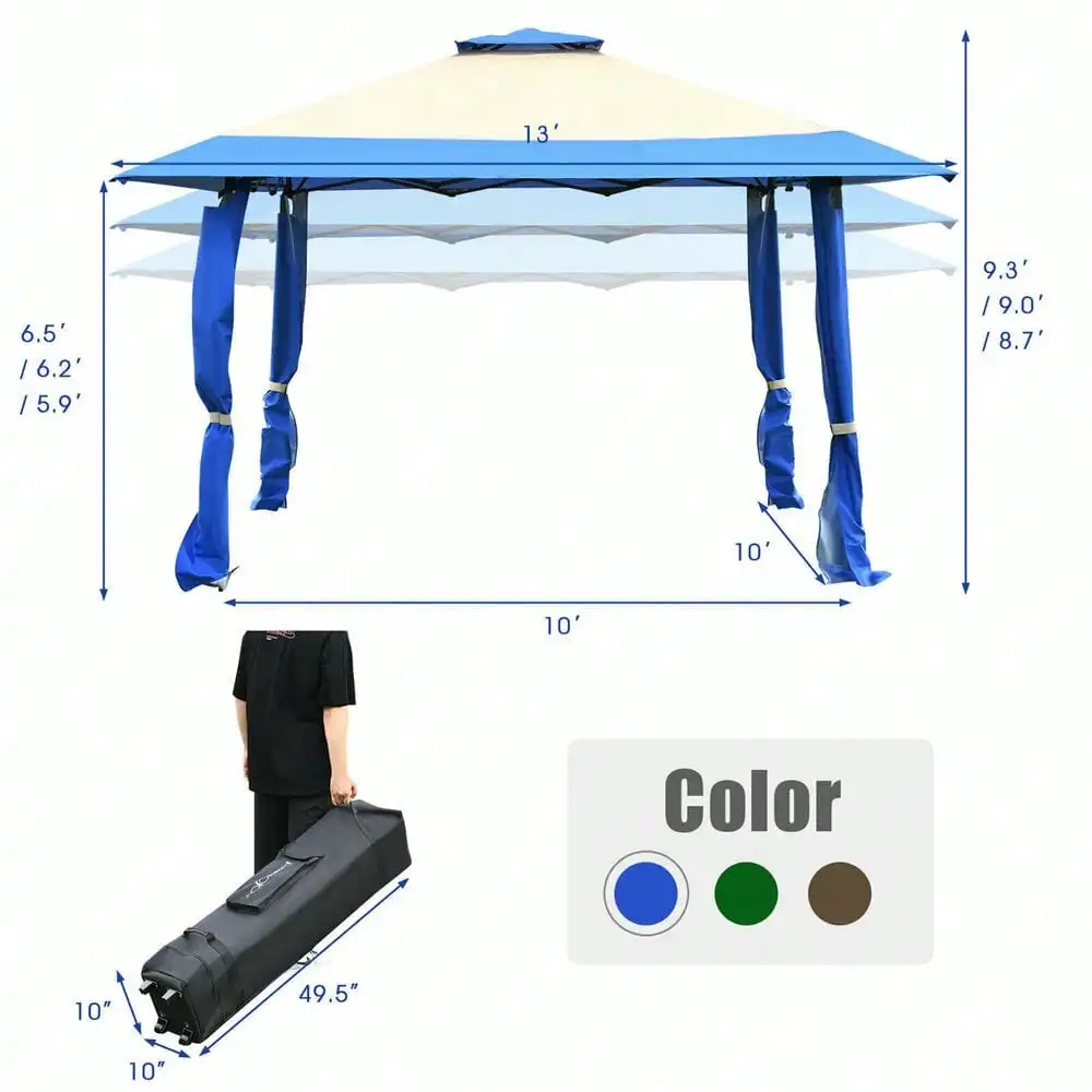Gazebo pop-up pliable pour patio, tente à baldaquin, abri extérieur, ombre bleue, 13' x 13'
