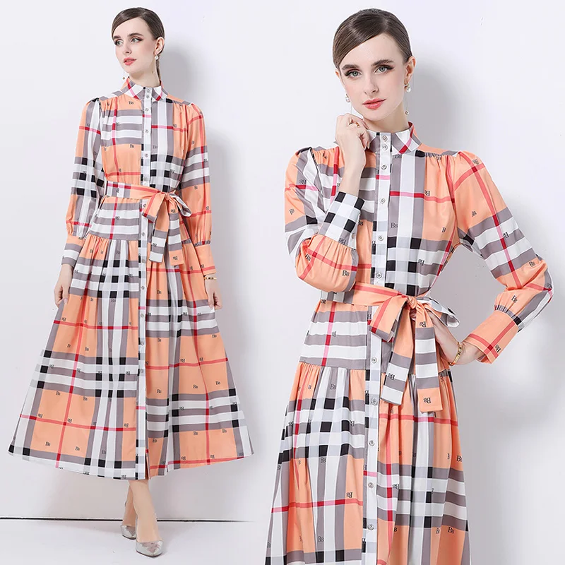 Spring Autumn Retro French Eye-catching Women Dress Stand Collar Single Breasted Striped Plaid Dress Party Holiday Daily Wear