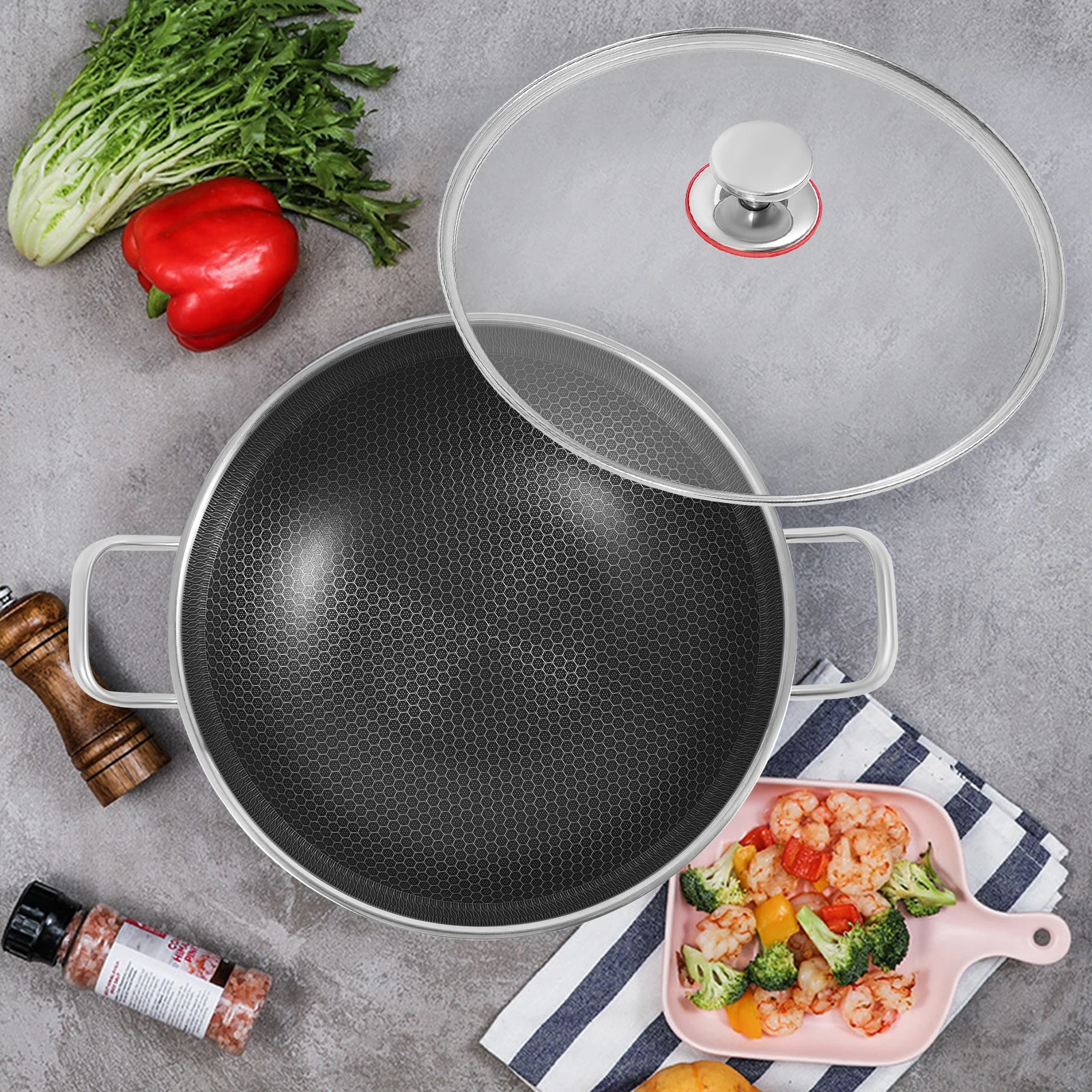 

Non-Stick Pan, 34cm Deep Fryer Pot with Lid, Stainless Steel Fast Heating Frying Pan for Cooking, Single Layer Base Cookware
