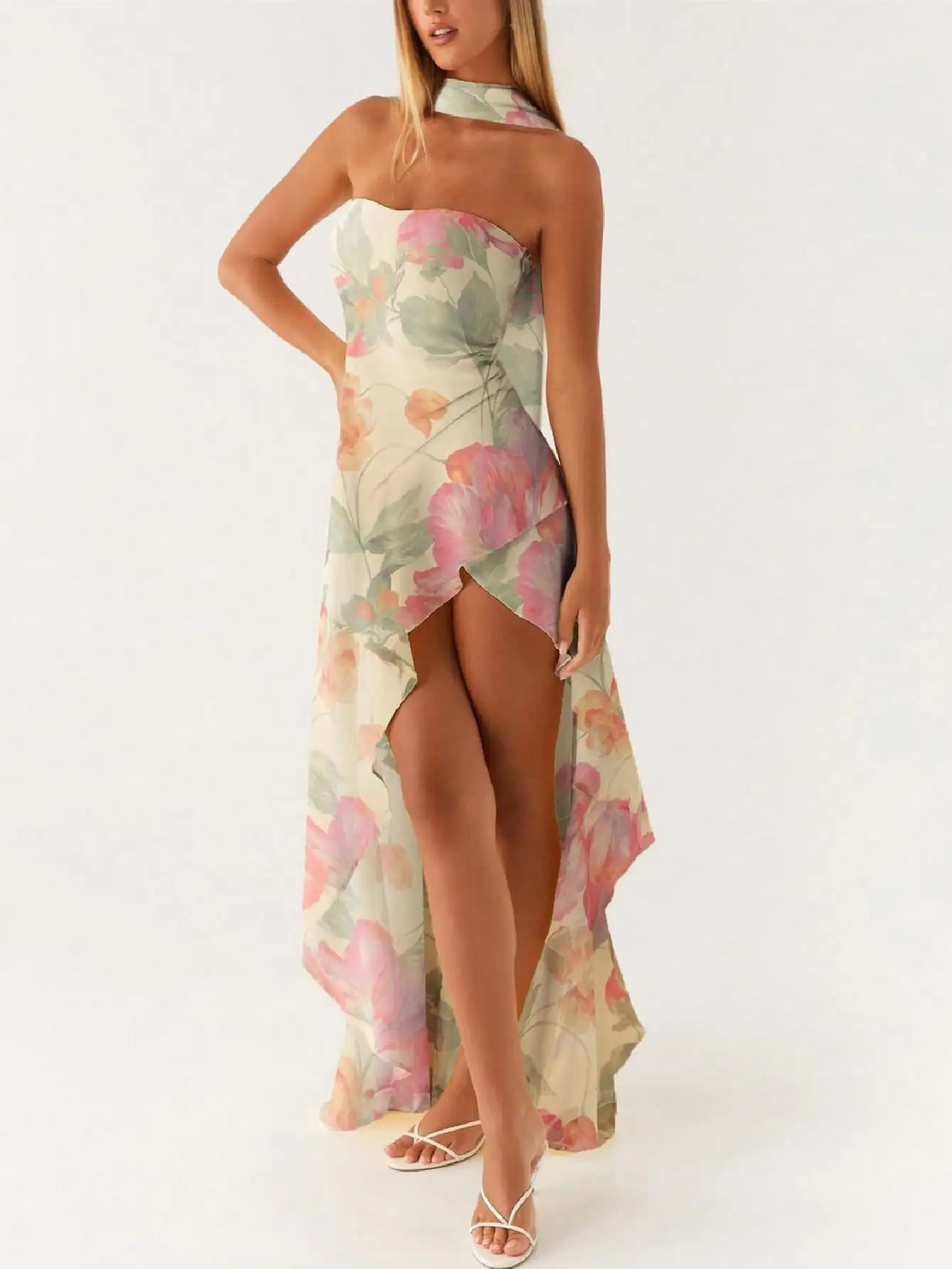

Floral Print Strapless Asymmetrical Maxi Dress with Halter Neck and High Slit
