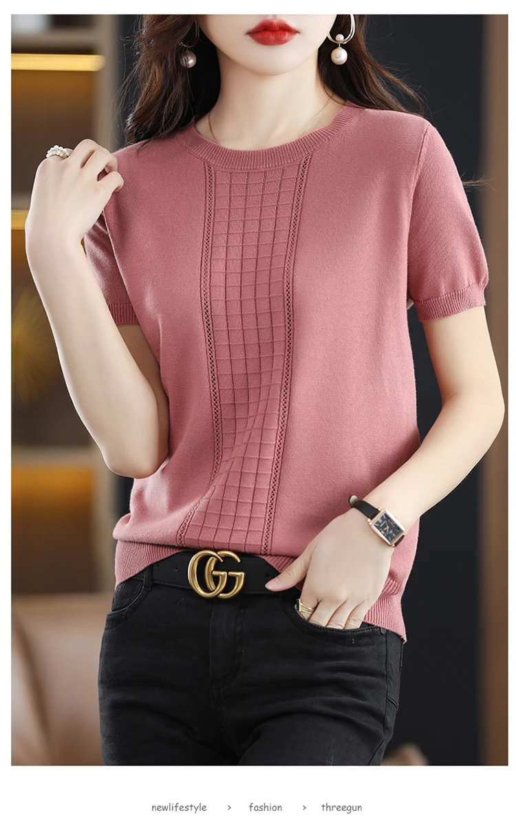 Women's T-Shirt Summer New 100% Cotton Pullover Short Sleeve Casual Solid Color Knit Crew Neck Ladies Tops Tees Blouse