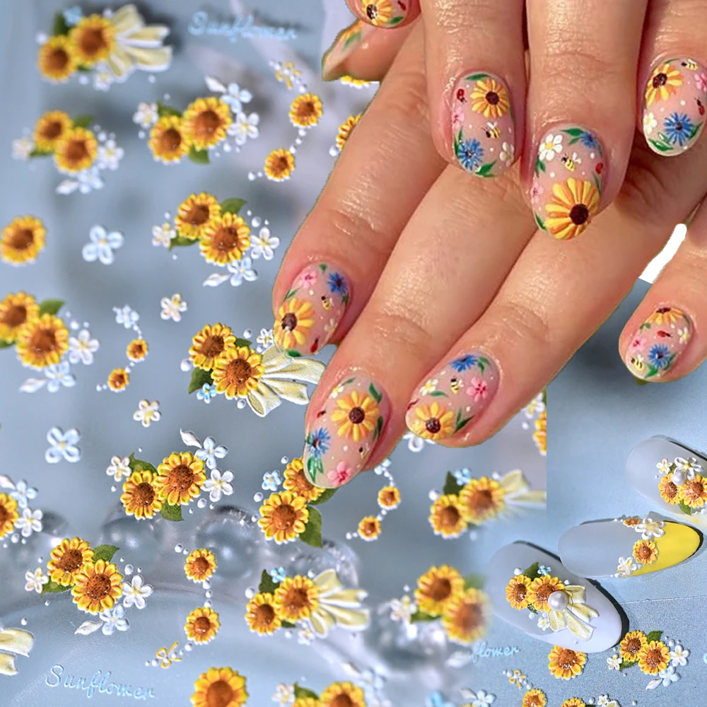 5D Double-Layer Sunflower Spring Nail Art Stickers Embossed Daisy Flower Decal Colorful Five Petal Adhesived Sunflower Slider