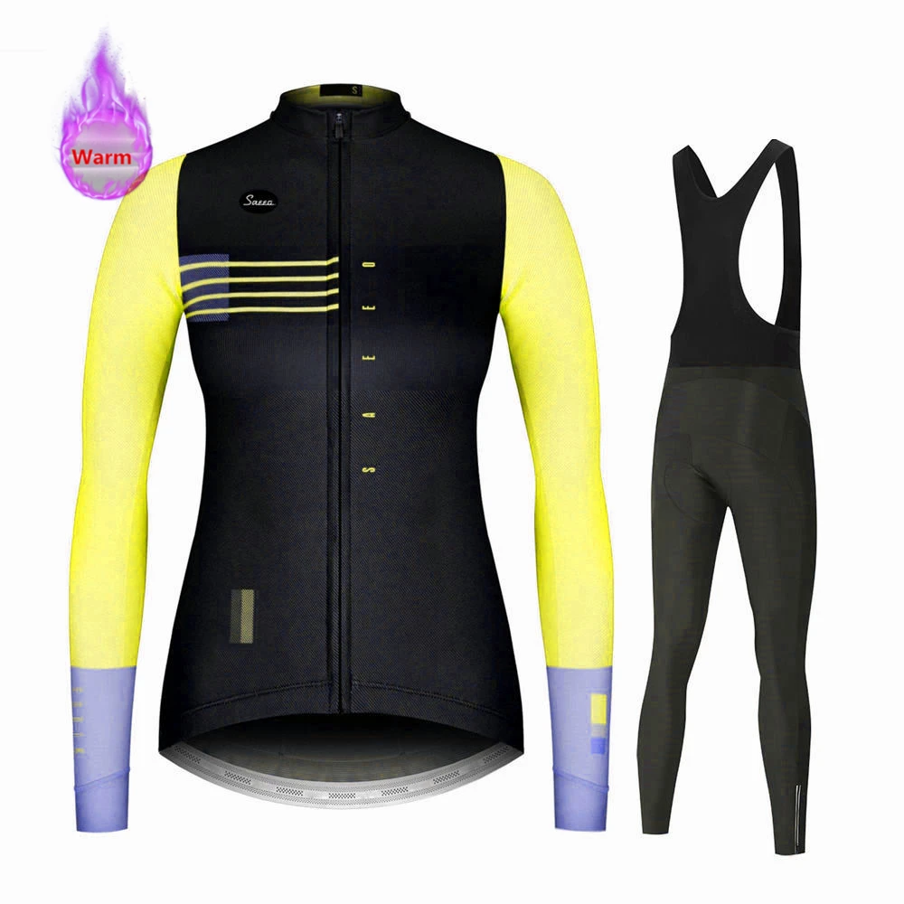 Spain Team Woman Winter Thermal Fleece Cycling Jersey Set Lady Ropa Maillot Ciclismo Hombre Long Sleeve Mountain Bike Clothes