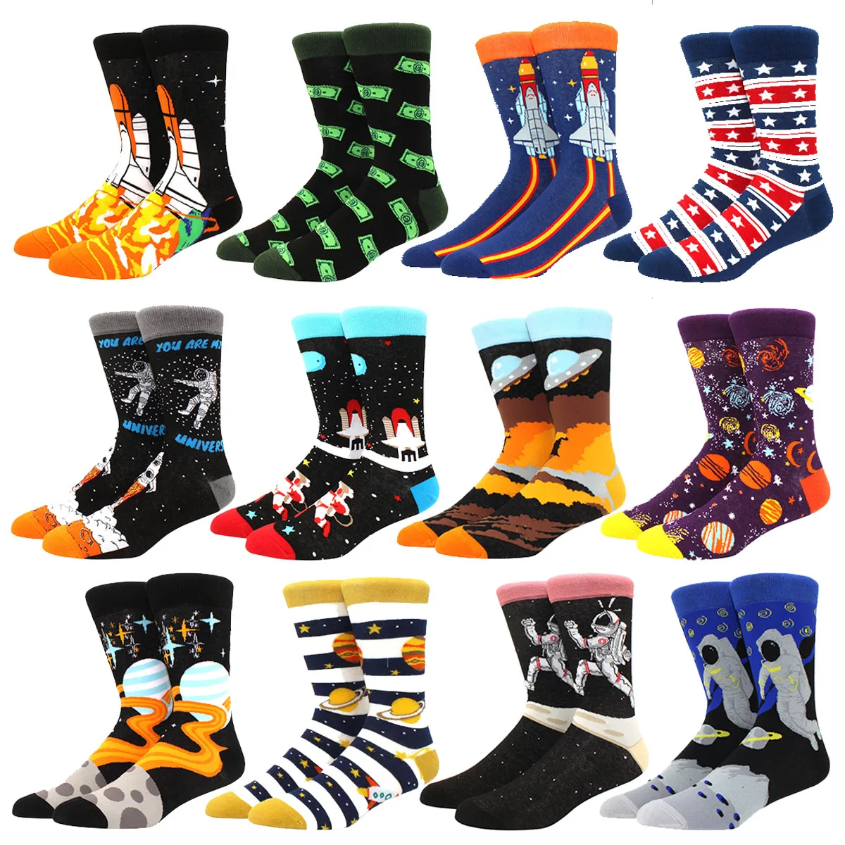 Fashion astronaut funny medium cut men's planet socks breathable sweat wicking skateboard socks women