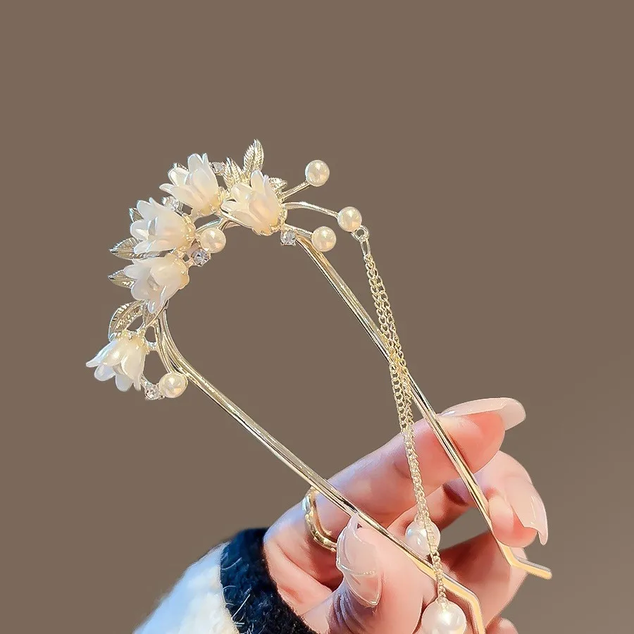 Super Fairy Orchid Pearl Tassel U-shaped Hairpin for Women Chinese Ancient Style Alloy Clasp Elegant Hanfu Headwear