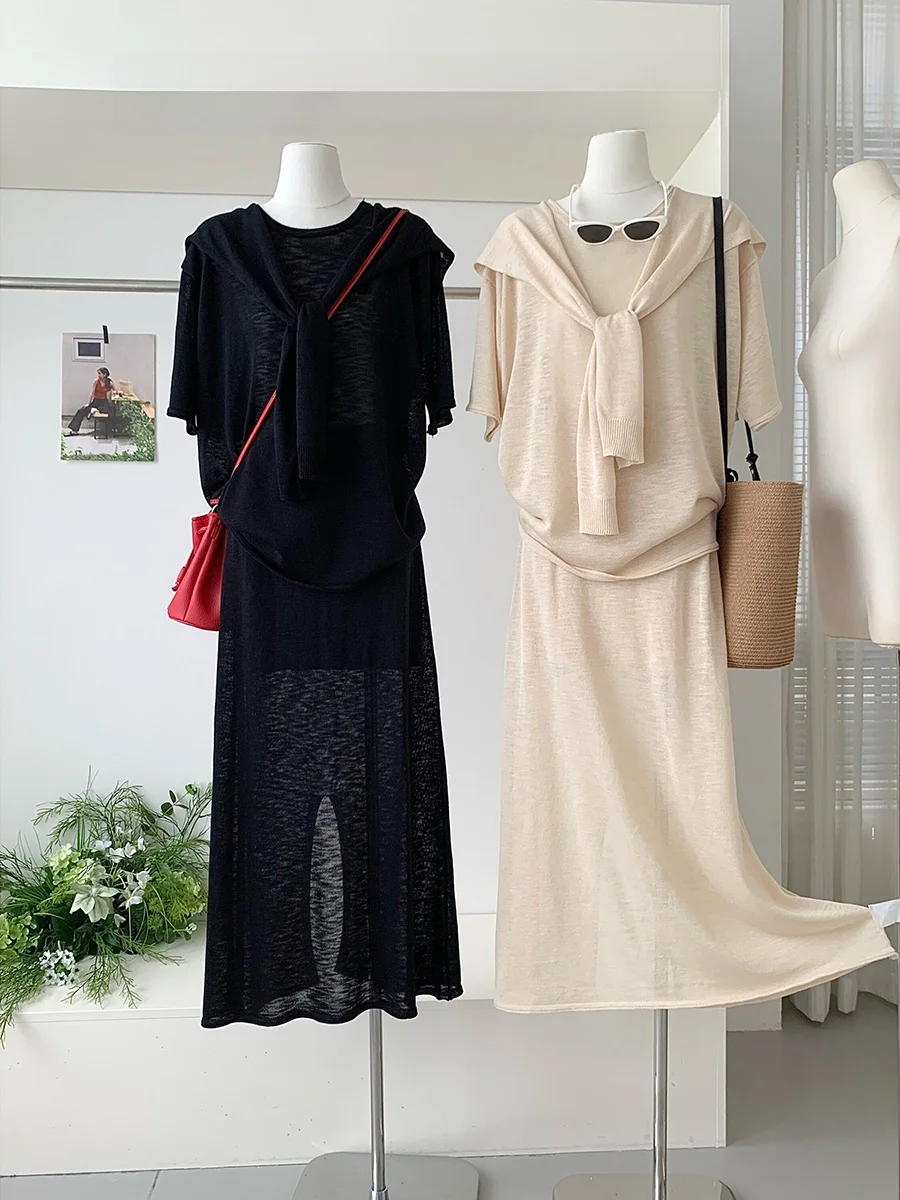 

Luckymann Oxygen Girl Lazy Fashion Short Sleeve Top Half Skirt Shawl Three-piece Set Polyester Fiber Summer 2026 Collection