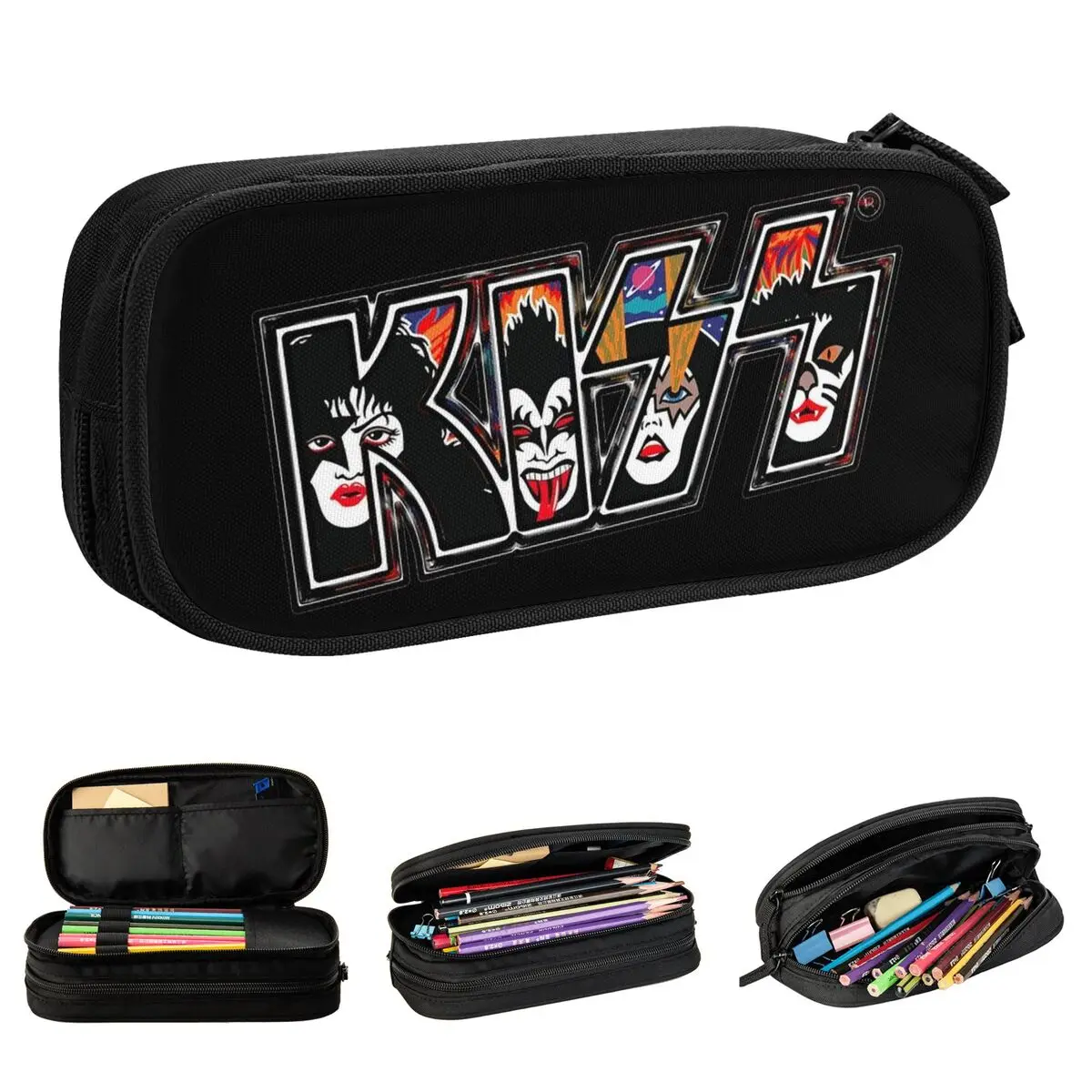 KISS Rock Music Band Pen Box Double Layer Large Capacity Kids School Supplies Pencil Bag Birthday Gift