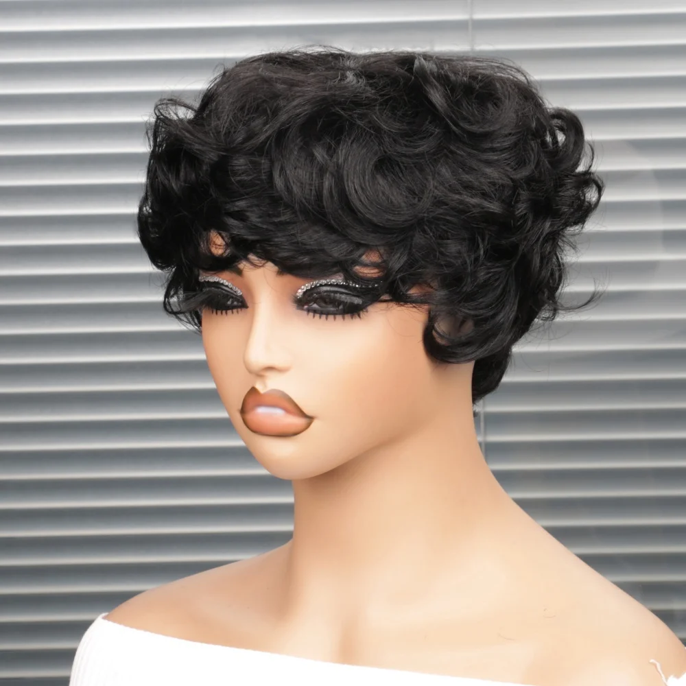 Short Pixie Cut Wig Curly Bob Wig Human Hair For Black Women Machine Made Wigs With Bangs Colored Brazilian Wig Human Hair Wigs