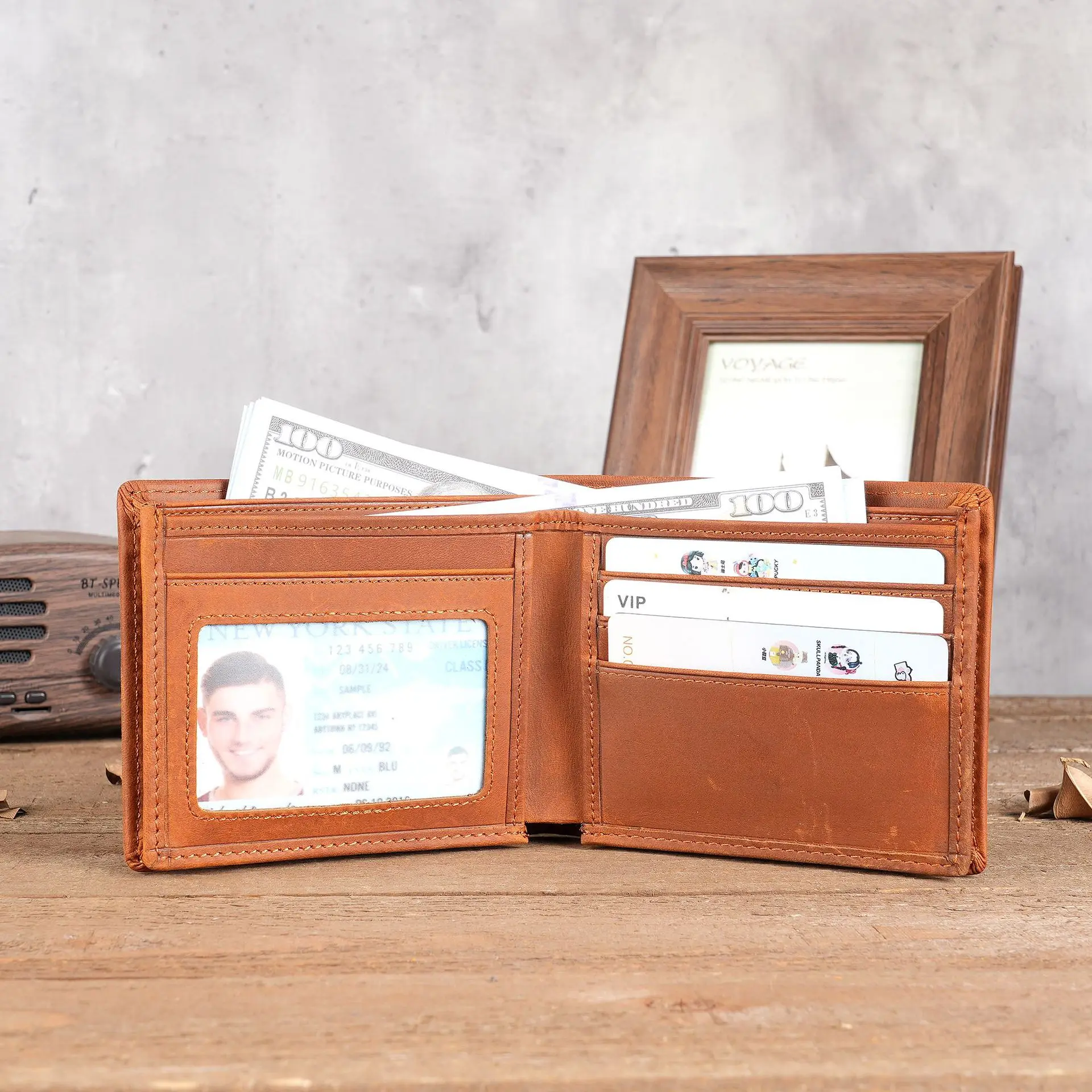 53030 Men's Crazy Horse Leather Leather Wallet Short 2 Fold Head Layer Leather Short Wallet Multi functional Card Bag