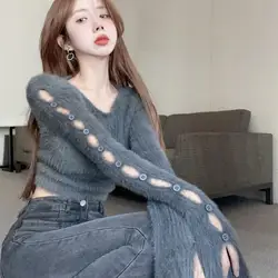 Spice Girl Soft Slim Fit Knitted Sweater Pullover Women's Autumn New Hollow Out Long Sleeve Sexy Versatile Cropped Top