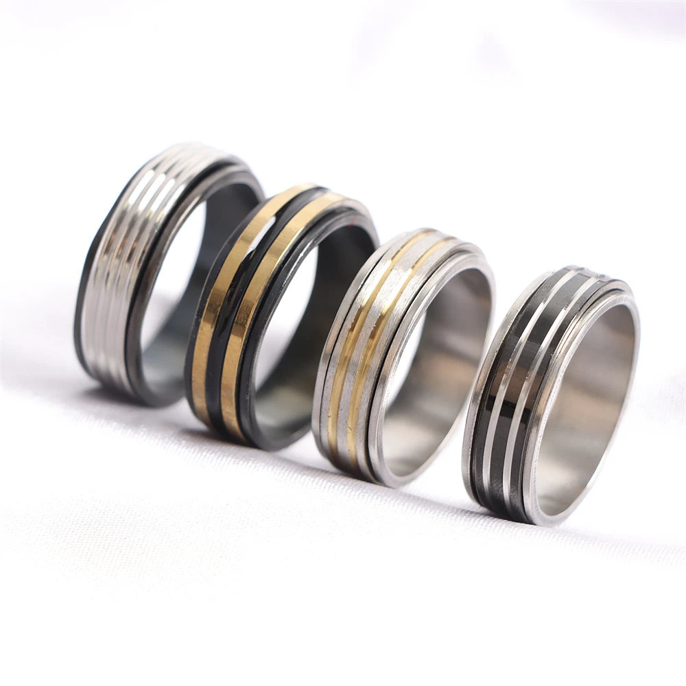 10/20/30/50Pcs/Lot Classic Trend Hollow Out Number Stripe Rotatable Stainless Steel Rings Mix Style Men Jewelry Gifts Wholesale