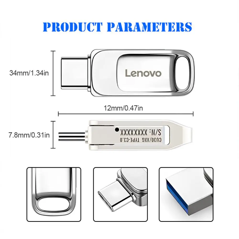 Lenovo TYPE C USB Flash Drive OTG 2 IN 1 USB Stick 3.0 128GB Pen Drive 2TB 1TB Waterproof Pendrive Memory Disk For Iphone 15 Pro