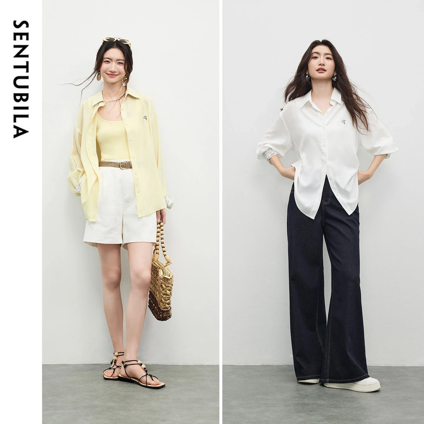 

SENTUBILA Women's Shirt 2026 Office Lady Flower Embroidery Contrasting Cuff Shirt Spring Simple Long Sleeve Tops W61CA5763