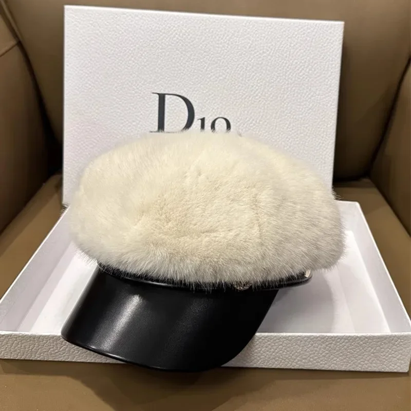 Vintage Mink Fur Beret Women Luxury Versatile Artist Hat Girls Lady Winter Warm Big Head Octagonal Cap Hard Brim Ski Caps