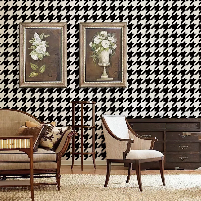 Black and White Geometric Houndstooth Wallpaper American Self-Adhesive Living Room Bedroom Wall Stickers Mural Furniture Sticker