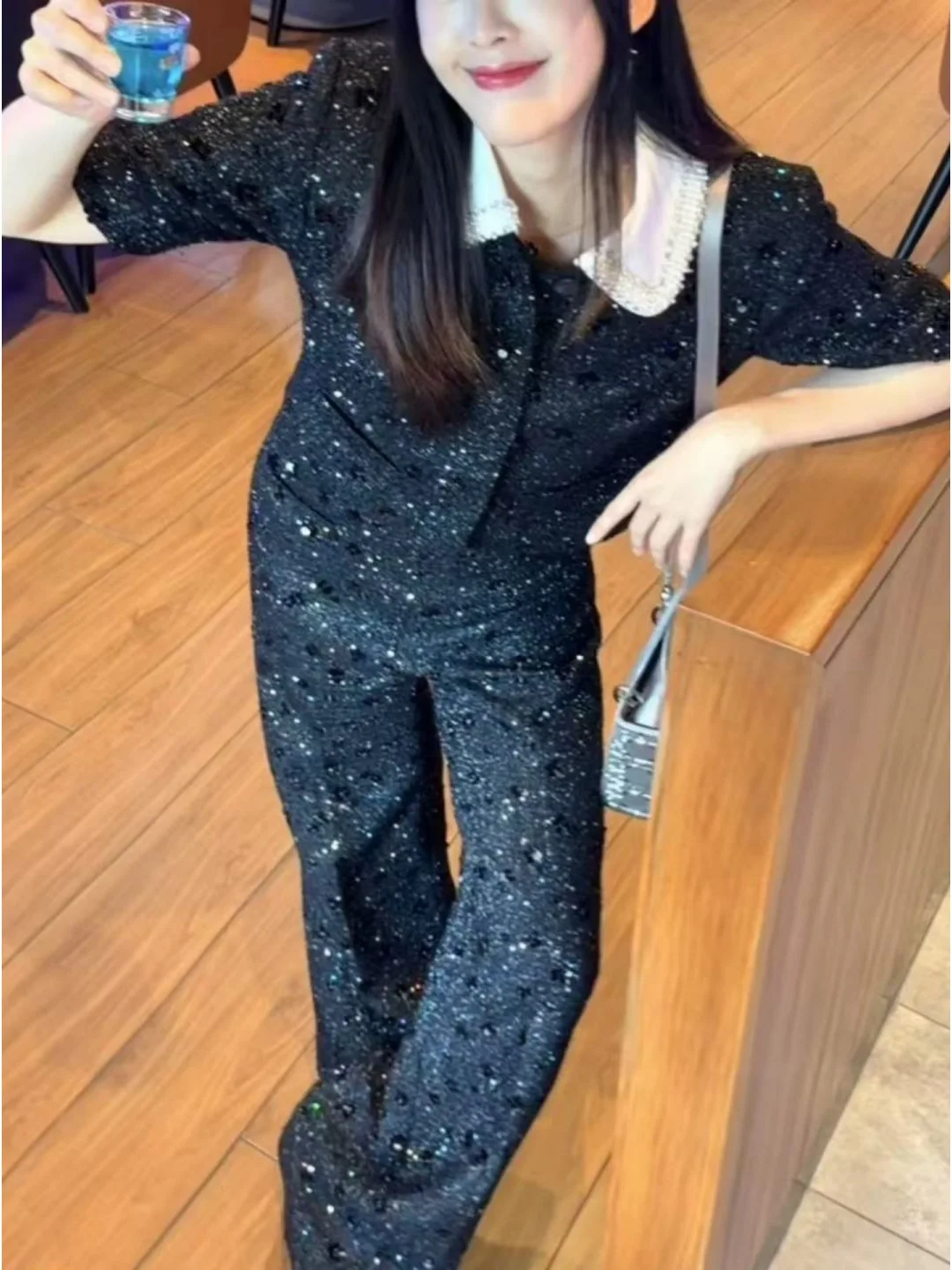 

Heavy-Work Pearl Contrast Color Collar Thi Tweed Jaet And Wide Leg Pants Set for Women Ele Commute Sle