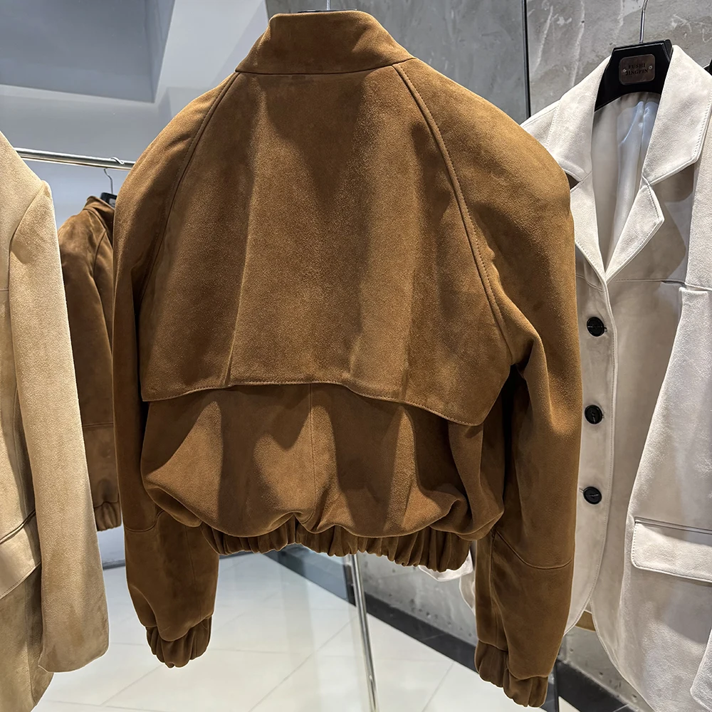 YOLOAgain Suede Leather Jacket Coat Women Real Leather Cropped Jacket Bomber Jacket